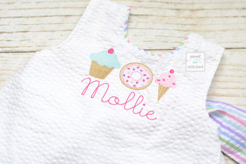 Monogrammed pink baby girl cake smash swing bloomer set with sweets trio and name, girls birthday outfit, sweets themed cake smash outfit