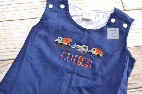 Monogrammed baby boy construction jon jon, baby boy outfit with trucks design, construction birthday outfit, construction cake smash