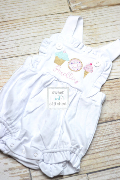 Monogrammed baby girl ruffle bubble with sweets trio, girls summer ice cream cone outfit, 1st birthday donut outfit, Summer birthday Outfit