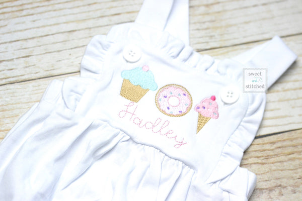 Monogrammed baby girl ruffle bubble with sweets trio, girls summer ice cream cone outfit, 1st birthday donut outfit, Summer birthday Outfit