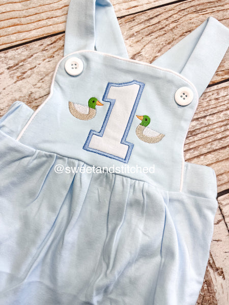 Monogrammed baby boy Birthday romper with mallard ducks, duck birthday outfit, mallard themed cake smash outfit