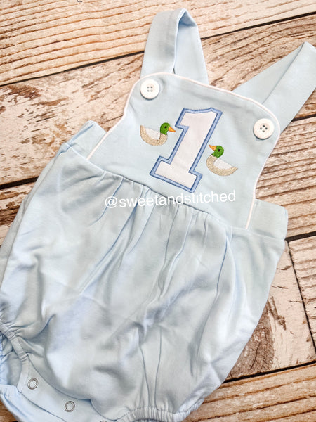 Monogrammed baby boy Birthday romper with mallard ducks, duck birthday outfit, mallard themed cake smash outfit