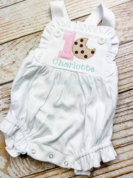 Monogrammed baby girl ruffle bubble with cookie theme, girls cookie cake smash outfit, 1st birthday cookie outfit, Summer birthday Outfit