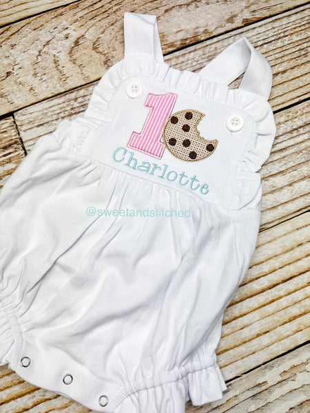 Monogrammed baby girl ruffle bubble with cookie theme, girls cookie cake smash outfit, 1st birthday cookie outfit, Summer birthday Outfit