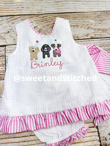 Baby girl swing back bloomer set, puppy dog 1st birthday outfit, Monogrammed cake smash outfit, baby bloomer set, dog themed birthday outfit