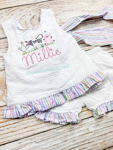 Monogrammed farm baby girl cake smash swing bloomer set with farm animal design and name, girls birthday outfit, farm cake smash outfit