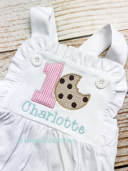 Monogrammed baby girl ruffle bubble with cookie theme, girls cookie cake smash outfit, 1st birthday cookie outfit, Summer birthday Outfit