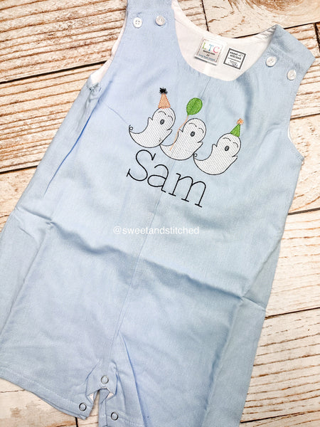 Monogrammed baby boy Birthday jon jon with birthday party ghosts design, Halloween birthday outfit, ghost cake smash birthday outfit