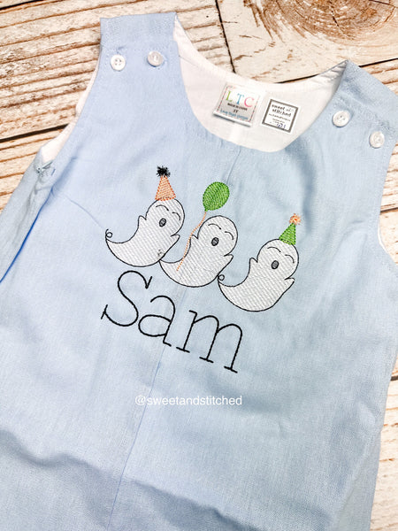 Monogrammed baby boy Birthday jon jon with birthday party ghosts design, Halloween birthday outfit, ghost cake smash birthday outfit