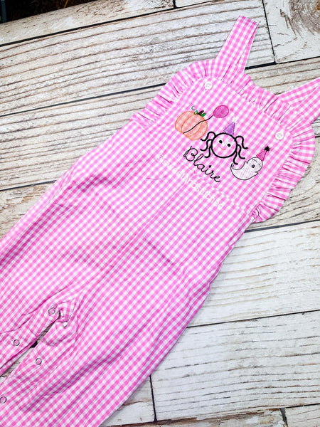 Monogrammed baby girl Birthday overalls with halloween trio in pink gingham, ghost birthday outfit, spooky one cake smash birthday outfit