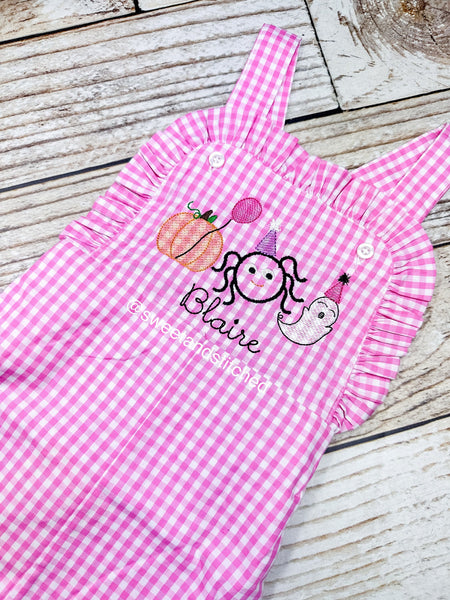 Monogrammed baby girl Birthday overalls with halloween trio in pink gingham, ghost birthday outfit, spooky one cake smash birthday outfit