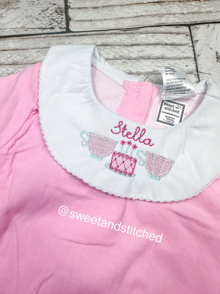 Baby girl monogrammed bishop bubble in pink corduroy, 1st birthday outfit with teacup theme, cake smash outfit with teacups