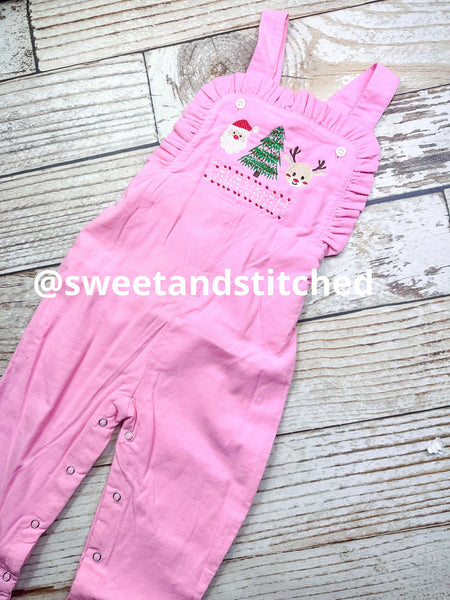 Baby girl monogrammed Christmas overalls with Christmas trio, santa reindeer and tree corduroy overalls, Christmas outfit, Corduroy overalls