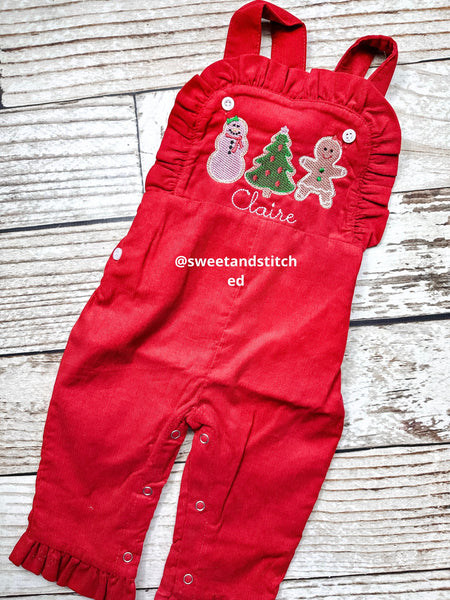 Baby girl monogrammed Christmas overalls in red corduroy with cookie design, corduroy overalls, gingerbread girl Christmas outfit