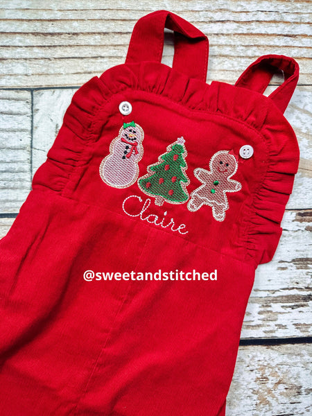 Baby girl monogrammed Christmas overalls in red corduroy with cookie design, corduroy overalls, gingerbread girl Christmas outfit