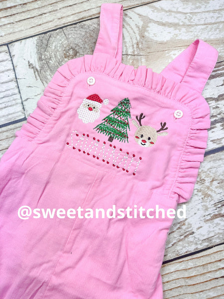 Baby girl monogrammed Christmas overalls with Christmas trio, santa reindeer and tree corduroy overalls, Christmas outfit, Corduroy overalls