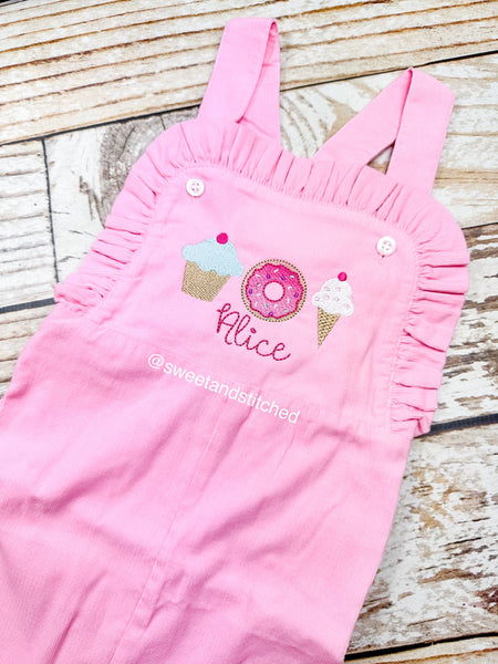 Monogrammed pink baby girl cake smash overalls with sweets trio and name, girls birthday outfit, 1st birthday sweets themed birthday outfit