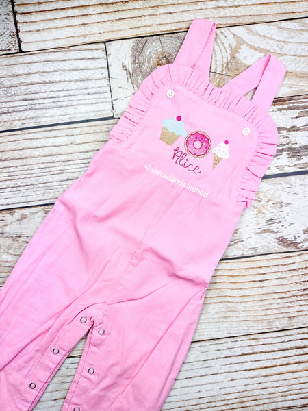 Monogrammed pink baby girl cake smash overalls with sweets trio and name, girls birthday outfit, 1st birthday sweets themed birthday outfit