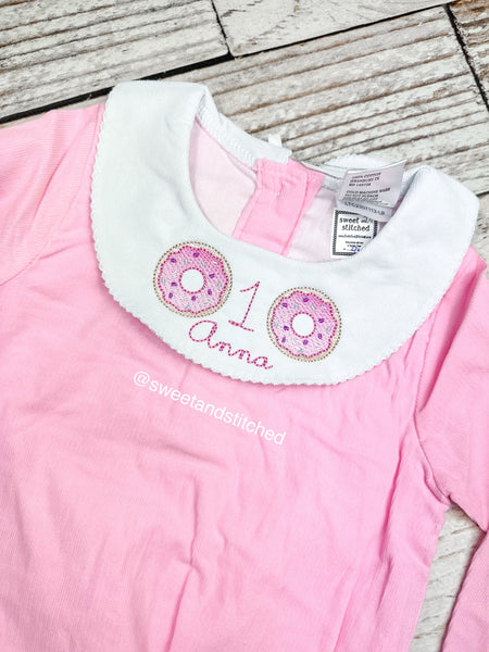 Baby girl monogrammed bishop bubble in pink corduroy, sweets birthday outfit, too sweet birthday, monogrammed baby girl outfit, donuts