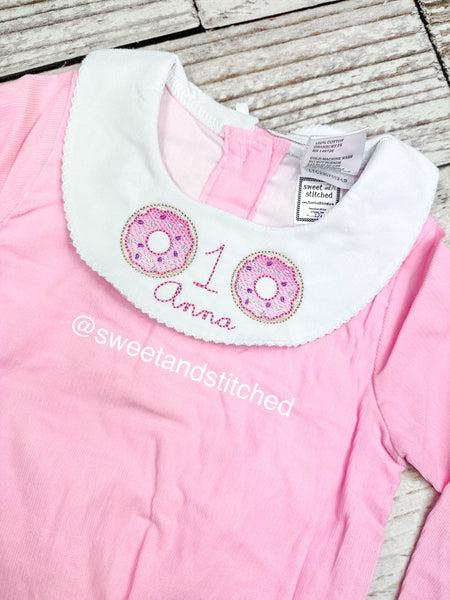 Baby girl monogrammed bishop bubble in pink corduroy, sweets birthday outfit, too sweet birthday, monogrammed baby girl outfit, donuts