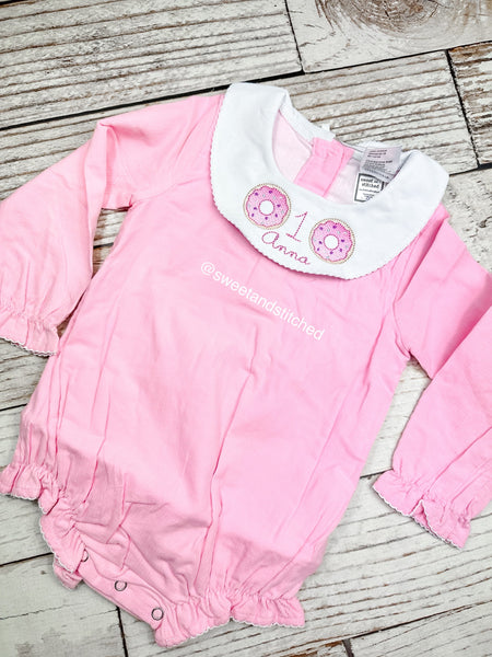 Baby girl monogrammed bishop bubble in pink corduroy, sweets birthday outfit, too sweet birthday, monogrammed baby girl outfit, donuts