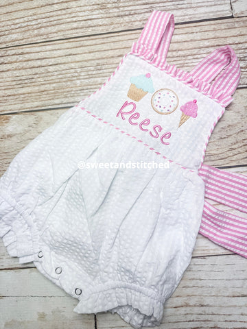 Monogrammed seersucker baby girl cake smash outfit with sweets trio and name, girls birthday outfit, 1st birthday sweets cake smash outfit