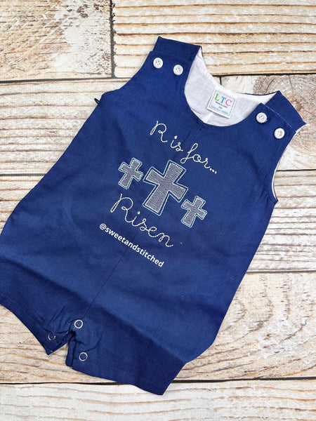 Monogrammed baby boy easter jon jon, baby boy Easter outfit with crosses design, he is Risen outfit, baby boy 1st Easter