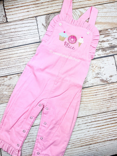 Monogrammed pink baby girl cake smash overalls with sweets trio and name, girls birthday outfit, 1st birthday sweets themed birthday outfit