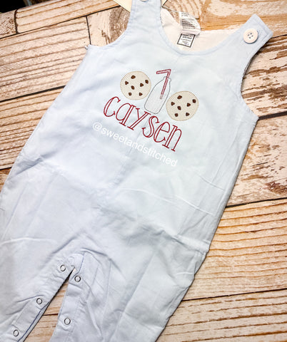 Monogrammed baby boy Birthday overalls for cookie themed 1st birthday, cookie first birthday outfit, cookies and milk santa christmas outfit