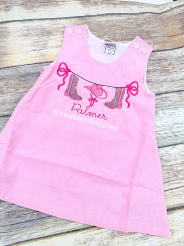 Baby girl monogrammed cowboy birthday jumper dress, monogrammed cowgirl birthday party outfit, boots birthday cake smash