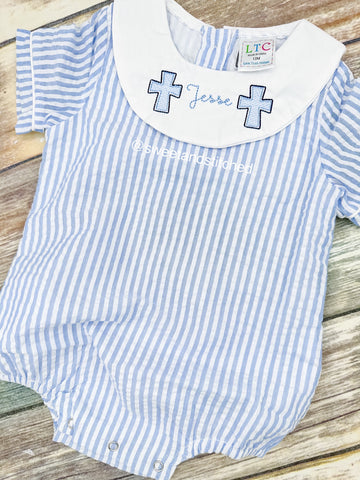 Monogrammed baby boy easter bishop bubble with crosses, monogrammed boys easter romper, seersucker monogrammed easter outfit