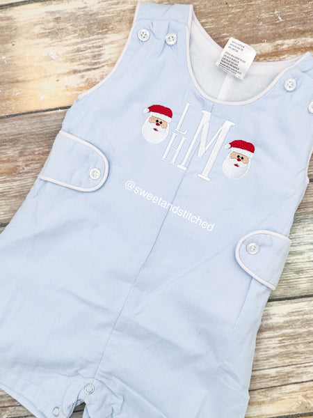 Monogrammed boys Christmas jon jon in baby blue corduroy, Boys Christmas outfit with Santa design, baby boy Holiday outfit