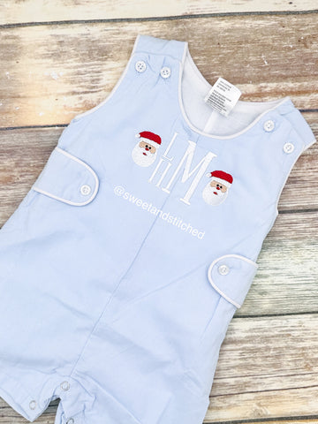 Monogrammed boys Christmas jon jon in baby blue corduroy, Boys Christmas outfit with Santa design, baby boy Holiday outfit