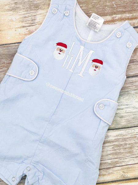 Monogrammed boys Christmas jon jon in baby blue corduroy, Boys Christmas outfit with Santa design, baby boy Holiday outfit