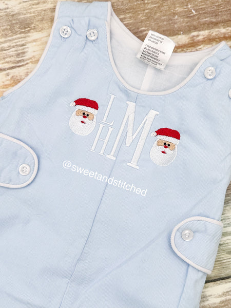 Monogrammed boys Christmas jon jon in baby blue corduroy, Boys Christmas outfit with Santa design, baby boy Holiday outfit