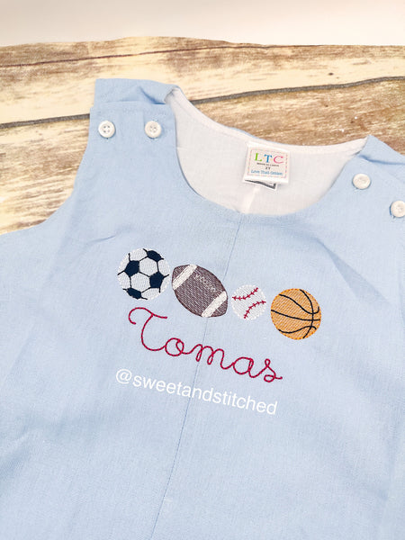 Monogrammed boys jon jon with sports design, baby boy birthday outfit with basketball baseball soccer ball football name, cake smash outfit