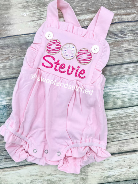 Monogrammed pink baby girl cake smash outfit with donut trio and name, girls birthday outfit, 1st birthday donut themed cake smash outfit