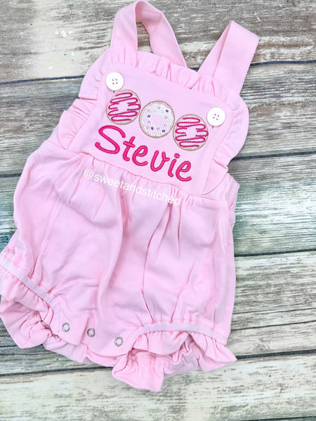 Monogrammed pink baby girl cake smash outfit with donut trio and name, girls birthday outfit, 1st birthday donut themed cake smash outfit