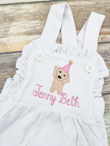 Monogrammed baby girl cake smash outfit with puppy dog and name, girls birthday bubble outfit, 1st birthday puppy themed cake smash outfit