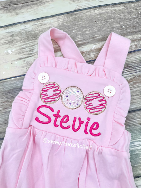 Monogrammed pink baby girl cake smash outfit with donut trio and name, girls birthday outfit, 1st birthday donut themed cake smash outfit