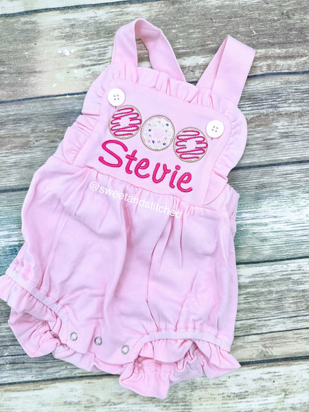 Monogrammed pink baby girl cake smash outfit with donut trio and name, girls birthday outfit, 1st birthday donut themed cake smash outfit