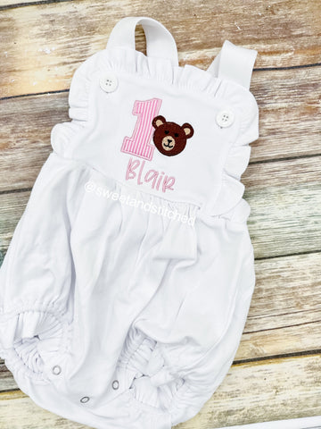 Monogrammed baby girl ruffle bubble with teddy bear design, girls birthday outfit, 1st birthday teddy bear outfit, teddy bear cake smash