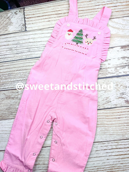 Baby girl monogrammed Christmas overalls with Christmas trio, santa reindeer and tree corduroy overalls, Christmas outfit, Corduroy overalls