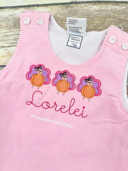 Girls Thanksgiving Dress in pink corduroy, monogrammed thanksgiving dress, corduroy jumper, personalized pumpkin turkey dress