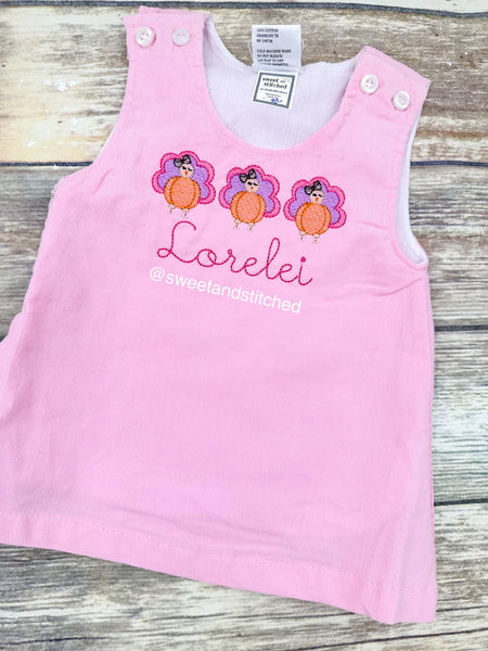 Girls Thanksgiving Dress in pink corduroy, monogrammed thanksgiving dress, corduroy jumper, personalized pumpkin turkey dress