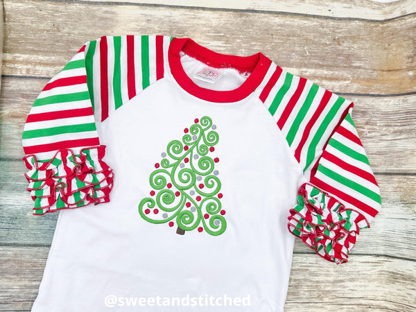 Girls Christmas shirt personalized, monogrammed christmas raglan tee with girly tree design